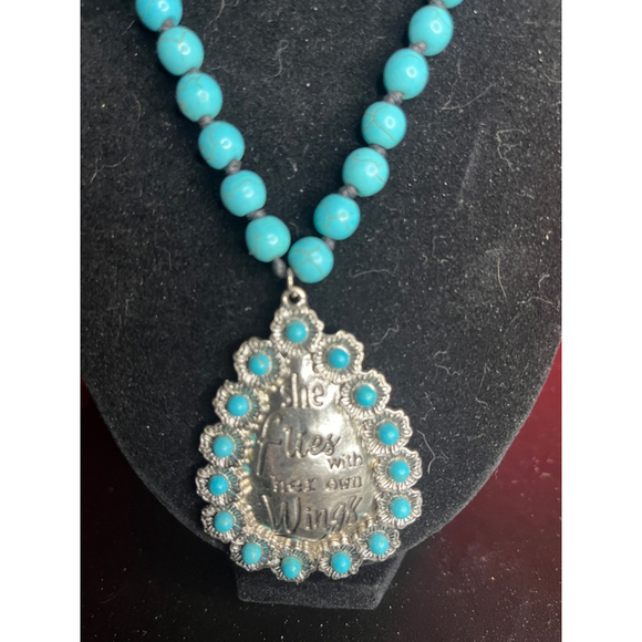 “She Flies with Her Own Wings” Turquoise Beaded Pendant Necklace – Boho Western - Picture 1 of 15